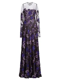 Sequin & Floral-Embroidered Long-Sleeve Illusion Gown