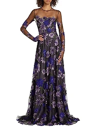 Sequin & Floral-Embroidered Long-Sleeve Illusion Gown