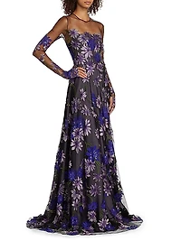 Sequin & Floral-Embroidered Long-Sleeve Illusion Gown