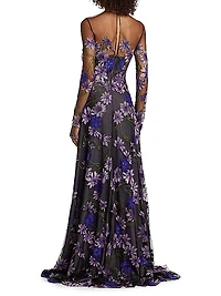 Sequin & Floral-Embroidered Long-Sleeve Illusion Gown