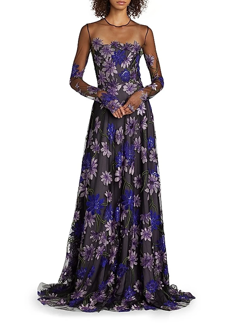 Sequin & Floral-Embroidered Long-Sleeve Illusion Gown