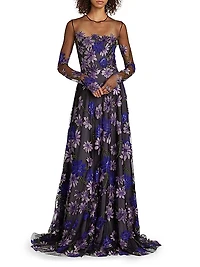 Sequin & Floral-Embroidered Long-Sleeve Illusion Gown