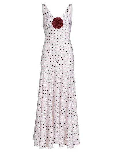 Polka Dot Silk Bias-Cut Sleeveless Maxi Dress