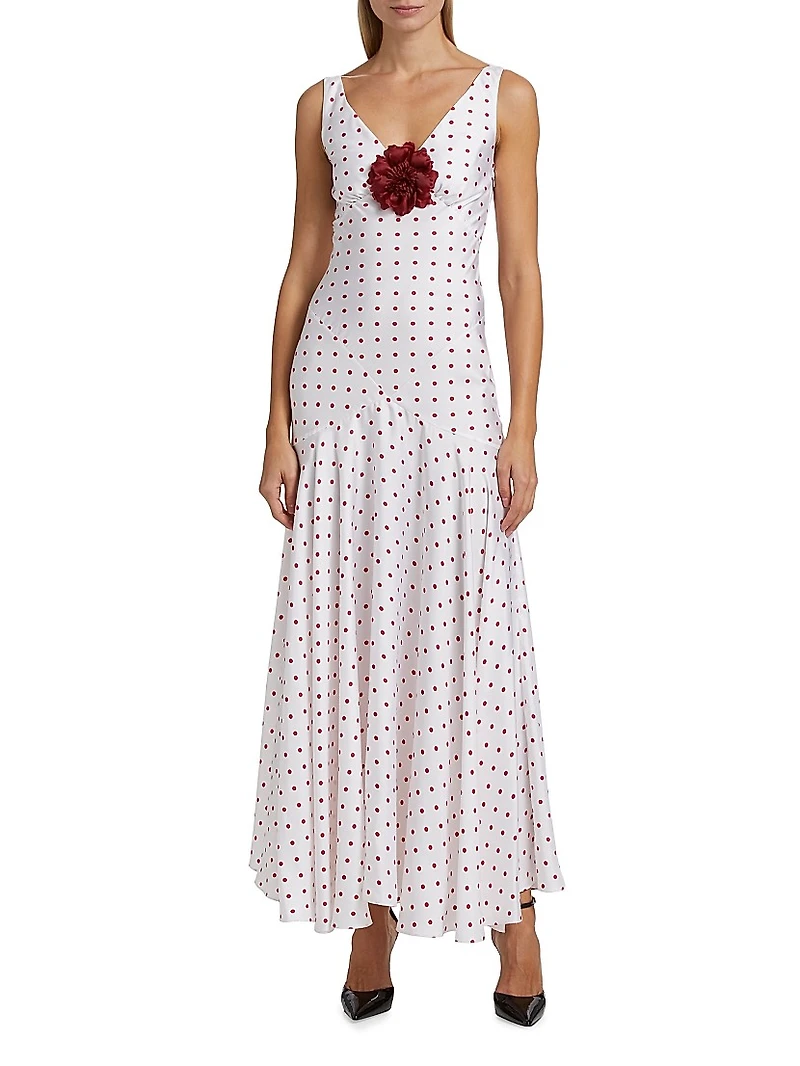 Polka Dot Silk Bias-Cut Sleeveless Maxi Dress