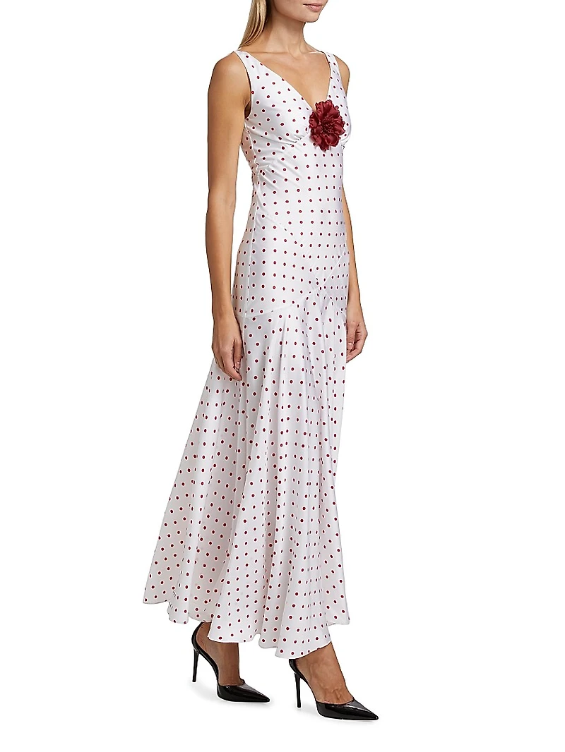 Polka Dot Silk Bias-Cut Sleeveless Maxi Dress