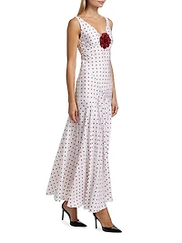 Polka Dot Silk Bias-Cut Sleeveless Maxi Dress