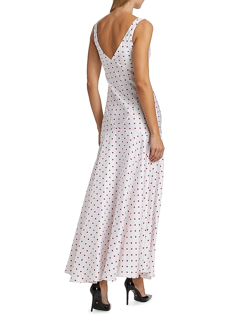 Polka Dot Silk Bias-Cut Sleeveless Maxi Dress