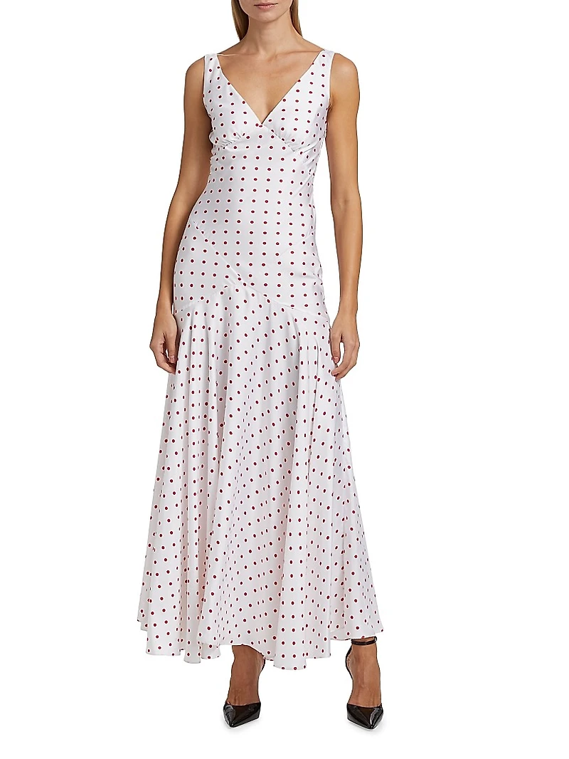 Polka Dot Silk Bias-Cut Sleeveless Maxi Dress