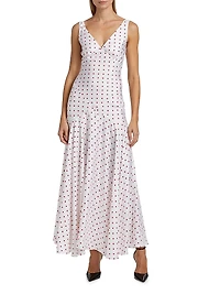 Polka Dot Silk Bias-Cut Sleeveless Maxi Dress