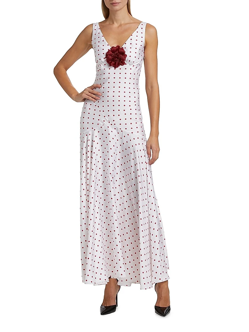 Polka Dot Silk Bias-Cut Sleeveless Maxi Dress
