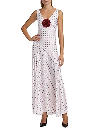 Polka Dot Silk Bias-Cut Sleeveless Maxi Dress