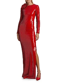 Sequined Long-Sleeve Column Gown
