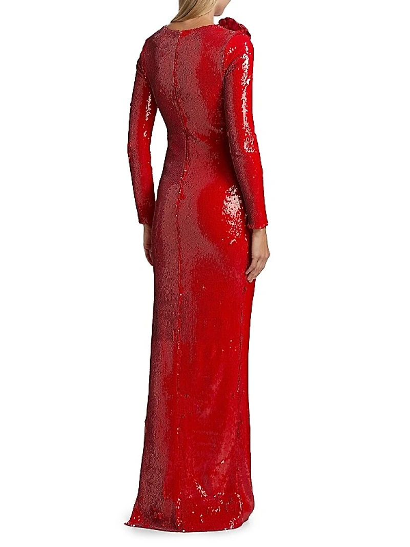 Sequined Long-Sleeve Column Gown
