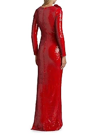 Sequined Long-Sleeve Column Gown