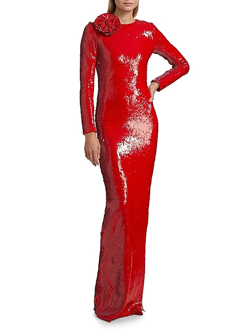 Sequined Long-Sleeve Column Gown