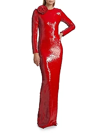 Sequined Long-Sleeve Column Gown