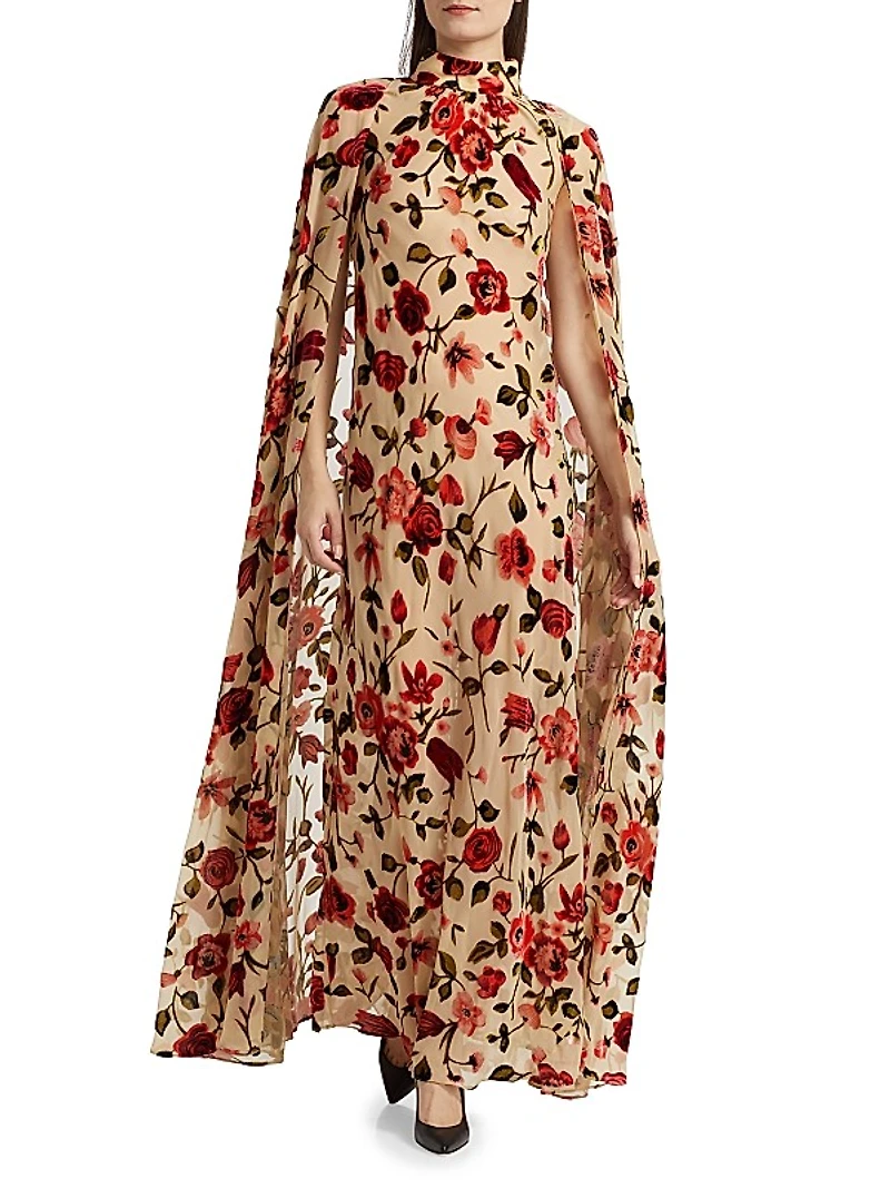 Floral Velvet Devoré Cape Gown