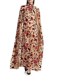 Floral Velvet Devoré Cape Gown