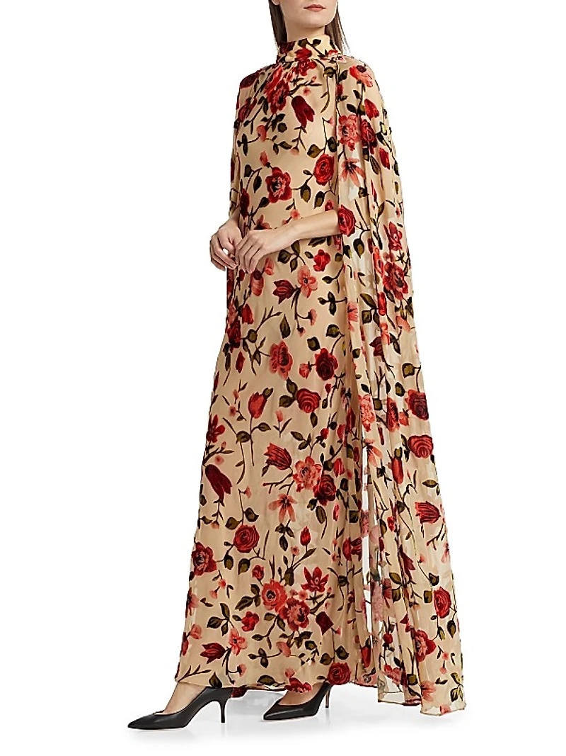 Floral Velvet Devoré Cape Gown