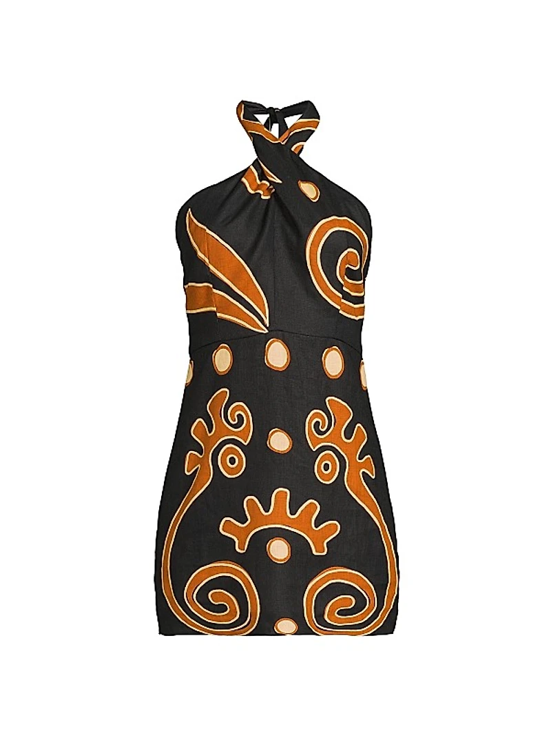 Veneta Abstract Linen Halterneck Minidress