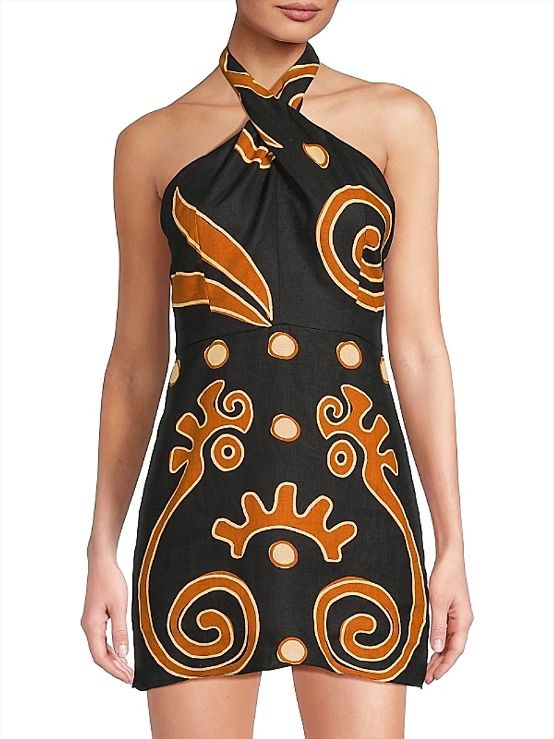 Veneta Abstract Linen Halterneck Minidress