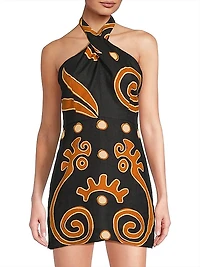 Veneta Abstract Linen Halterneck Minidress