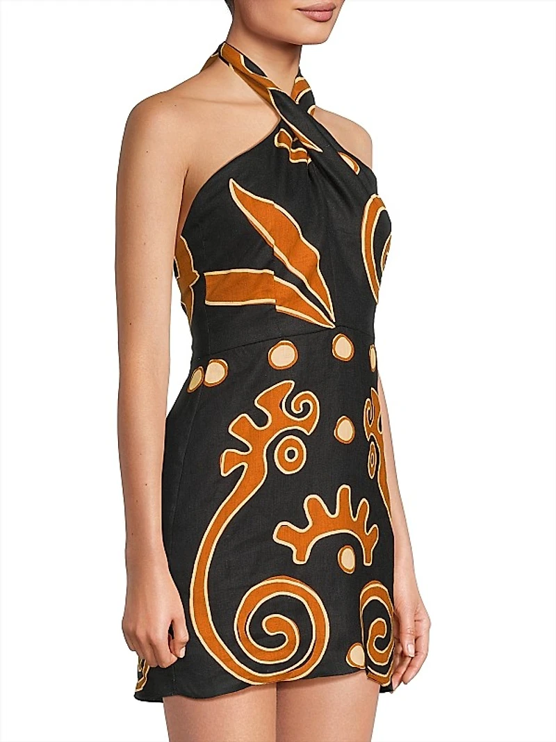 Veneta Abstract Linen Halterneck Minidress