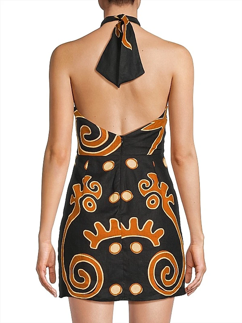 Veneta Abstract Linen Halterneck Minidress