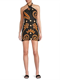 Veneta Abstract Linen Halterneck Minidress
