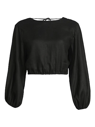 Bena Linen Puff-Sleeve Crop Top