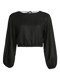 Bena Linen Puff-Sleeve Crop Top