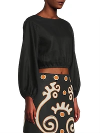 Bena Linen Puff-Sleeve Crop Top