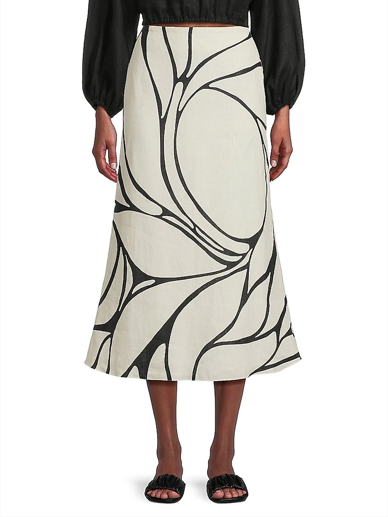 Fabiana Abstract Linen Midi-Skirt