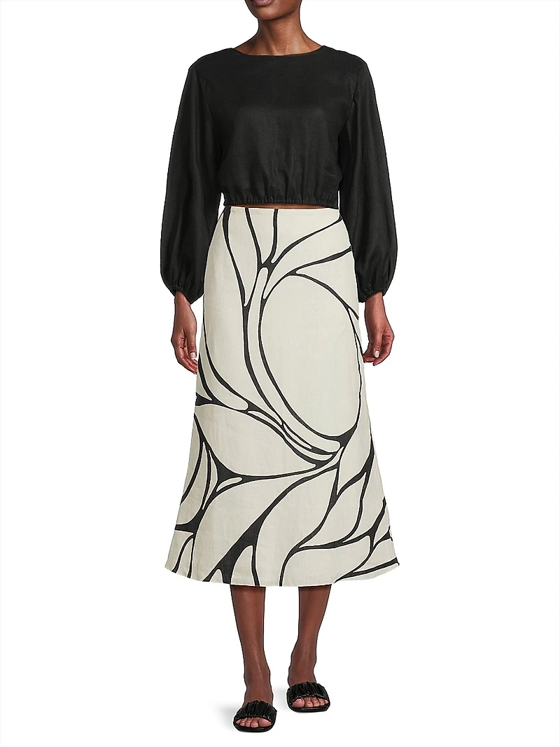 Fabiana Abstract Linen Midi-Skirt