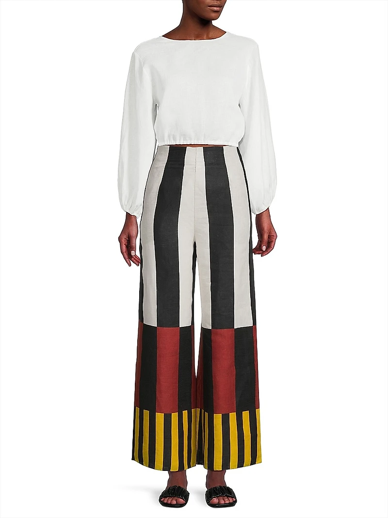 Toya Abstract Linen Wide-Leg Pants