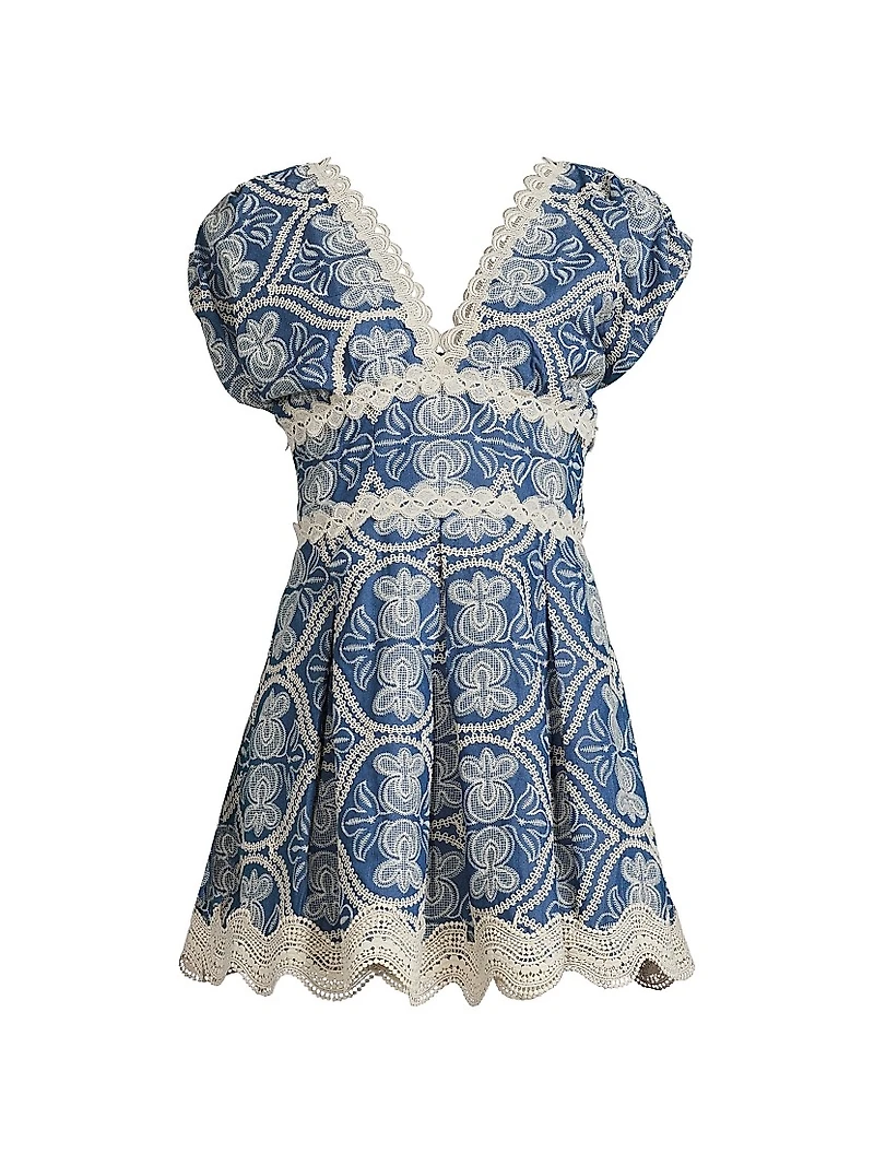 Time Cassandra Embroidered Cotton V-Neck Minidress
