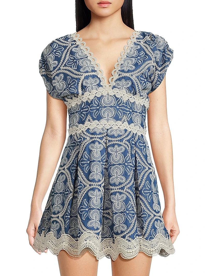Time Cassandra Embroidered Cotton V-Neck Minidress