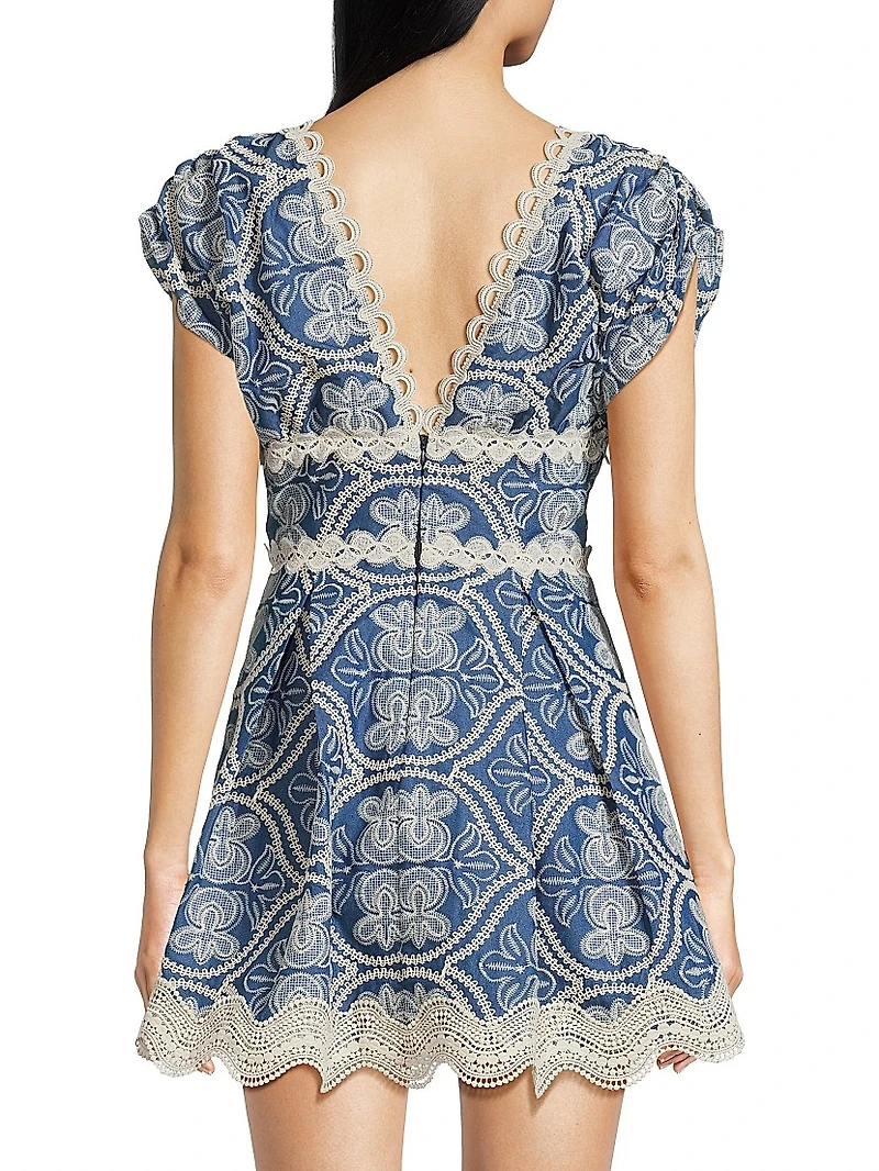 Time Cassandra Embroidered Cotton V-Neck Minidress