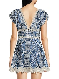 Time Cassandra Embroidered Cotton V-Neck Minidress