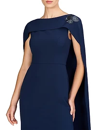Alexandria Embellished Crepe Cape Gown