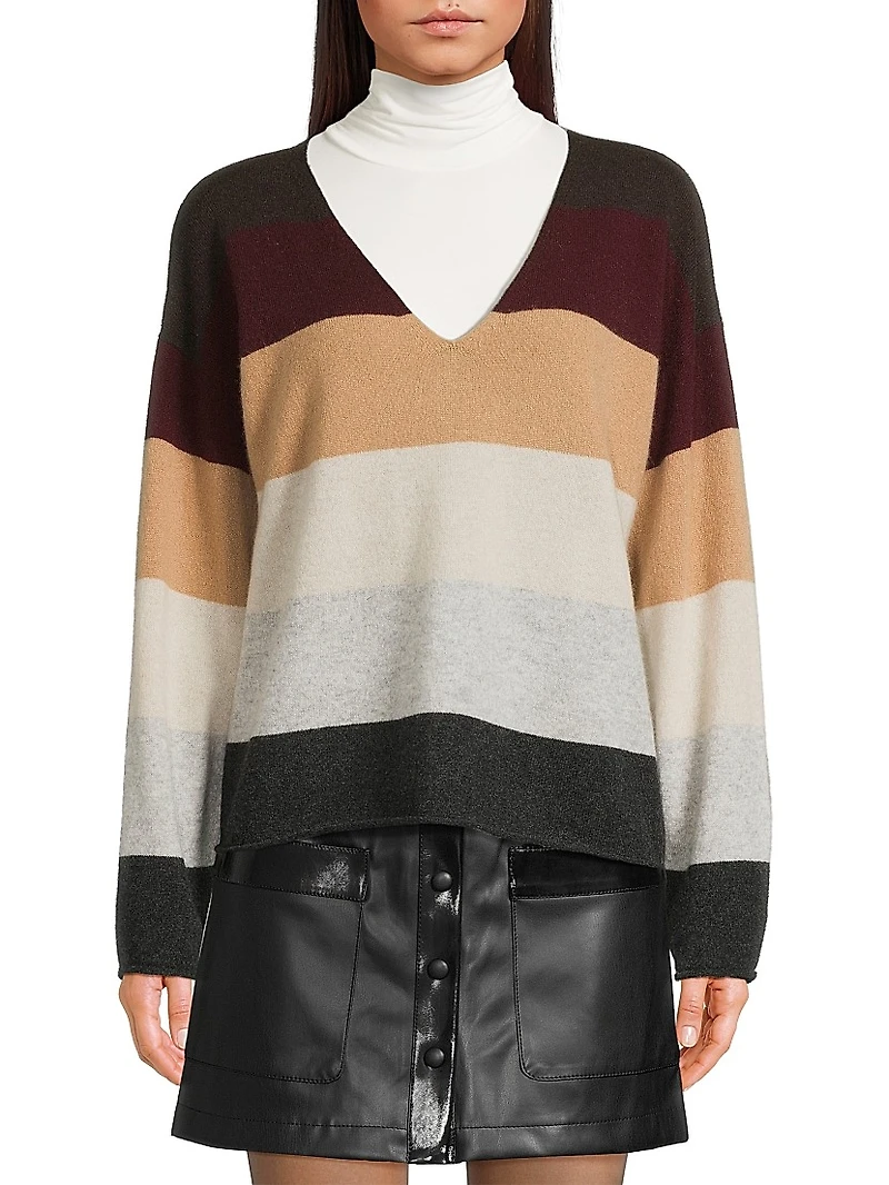Rainbow Penny V Striped Cashmere Sweater