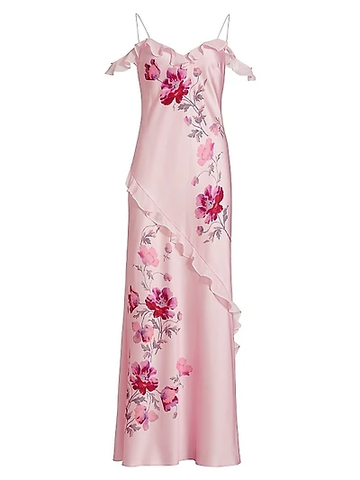 Parisa Carnation Print Draped Slip Gown
