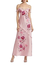 Parisa Carnation Print Draped Slip Gown