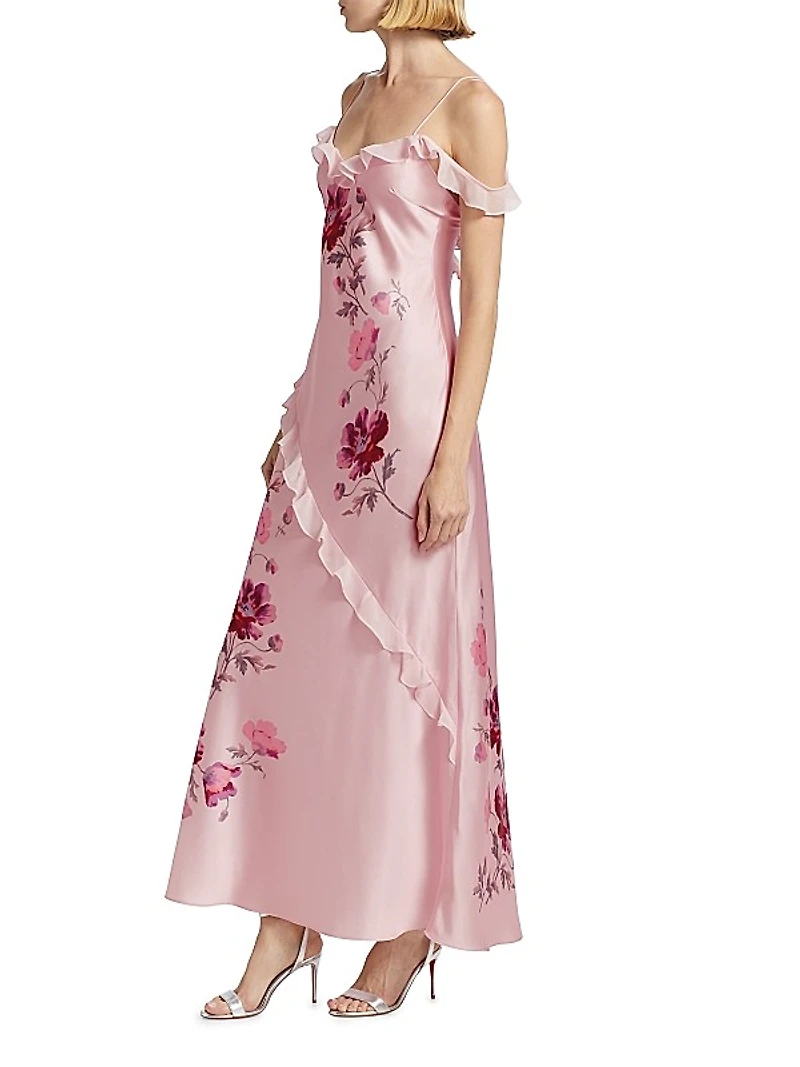 Parisa Carnation Print Draped Slip Gown