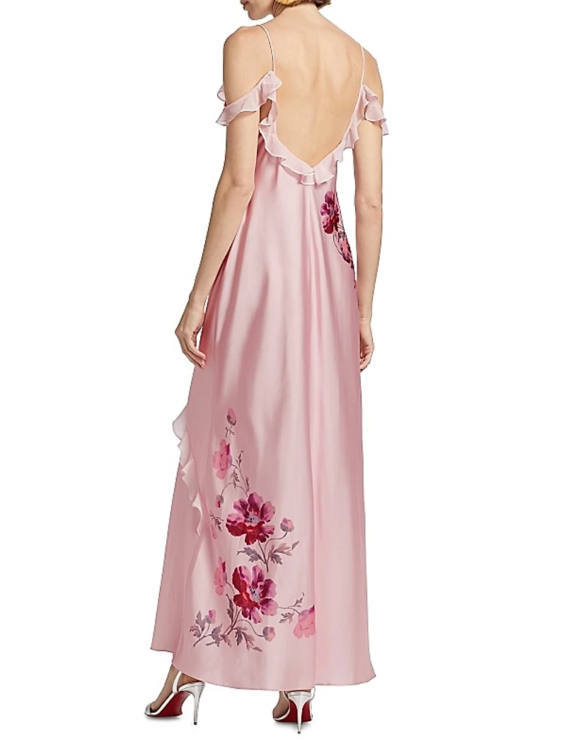 Parisa Carnation Print Draped Slip Gown