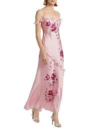 Parisa Carnation Print Draped Slip Gown