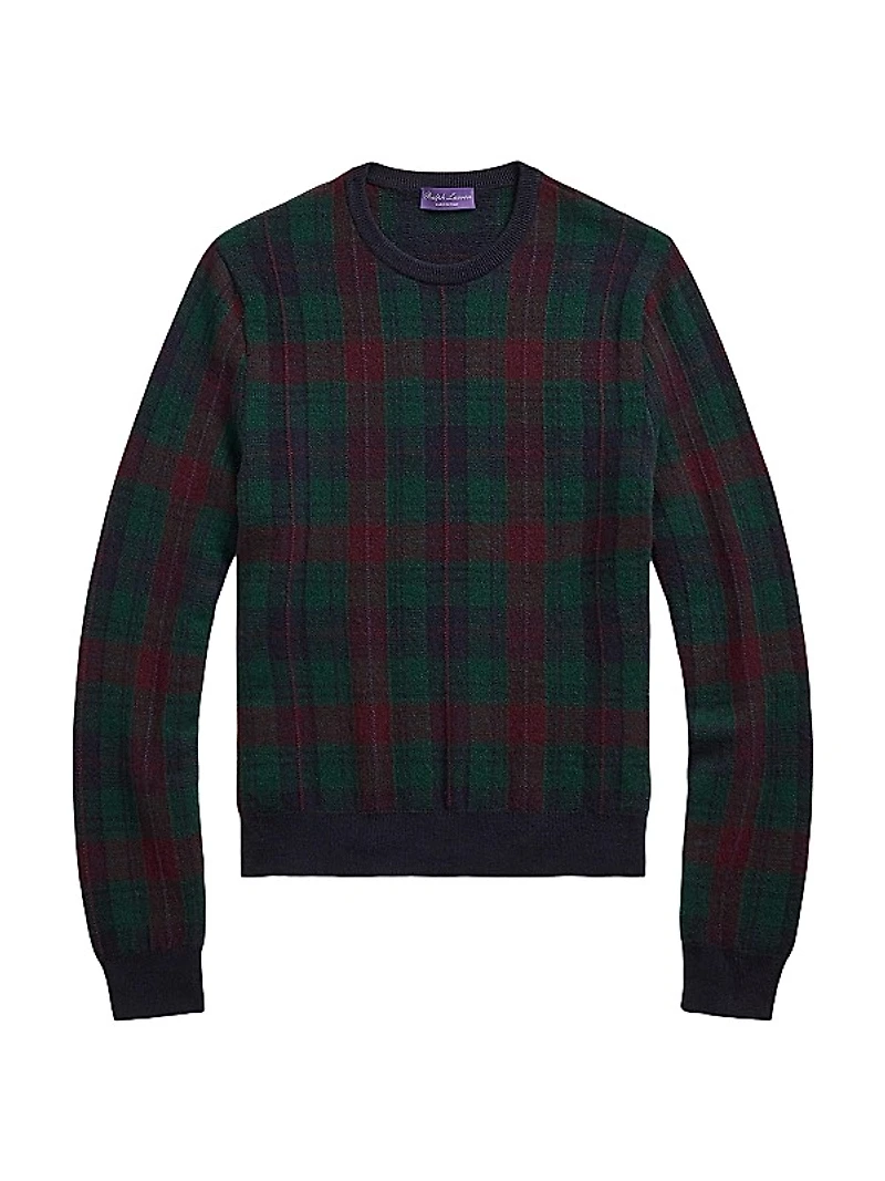 Plaid Jacquard-Knit Cashmere Crewneck Sweater