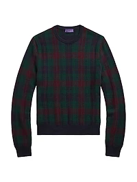Plaid Jacquard-Knit Cashmere Crewneck Sweater