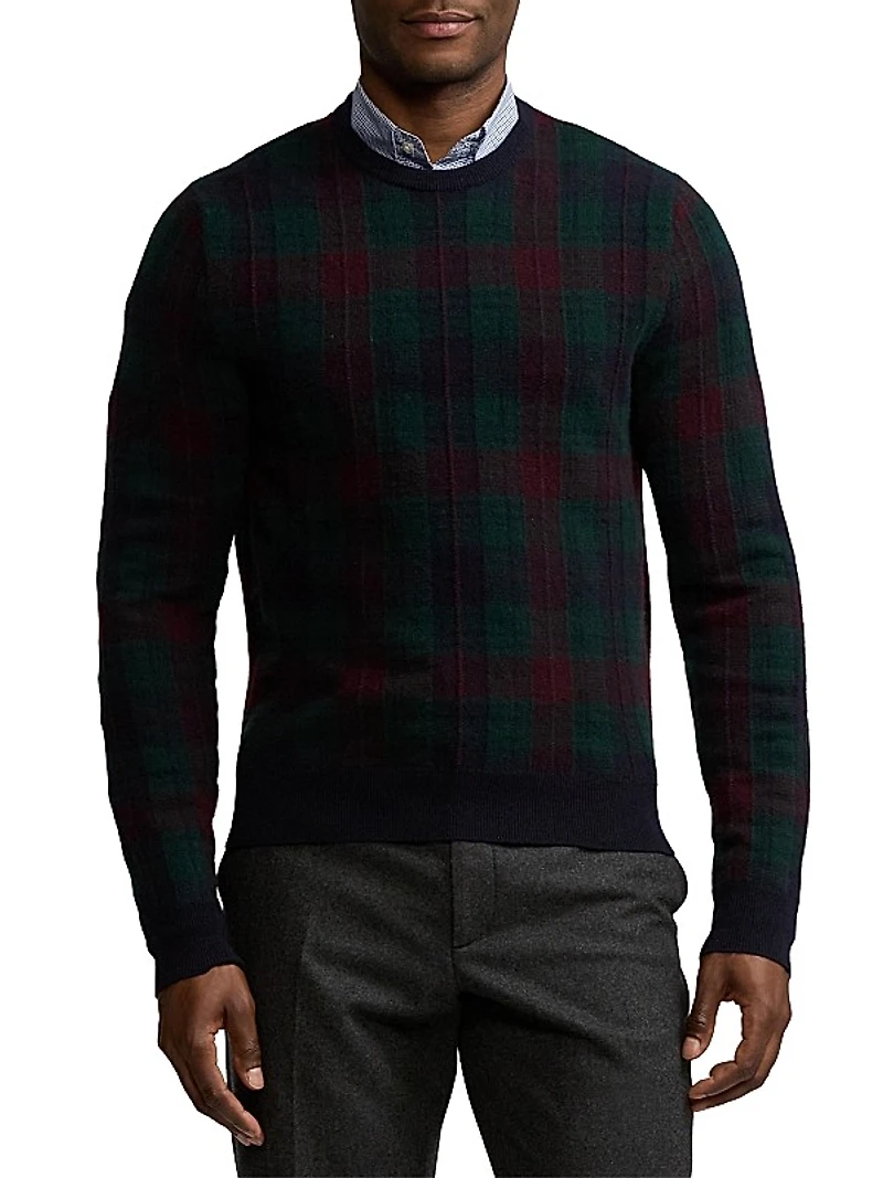 Plaid Jacquard-Knit Cashmere Crewneck Sweater