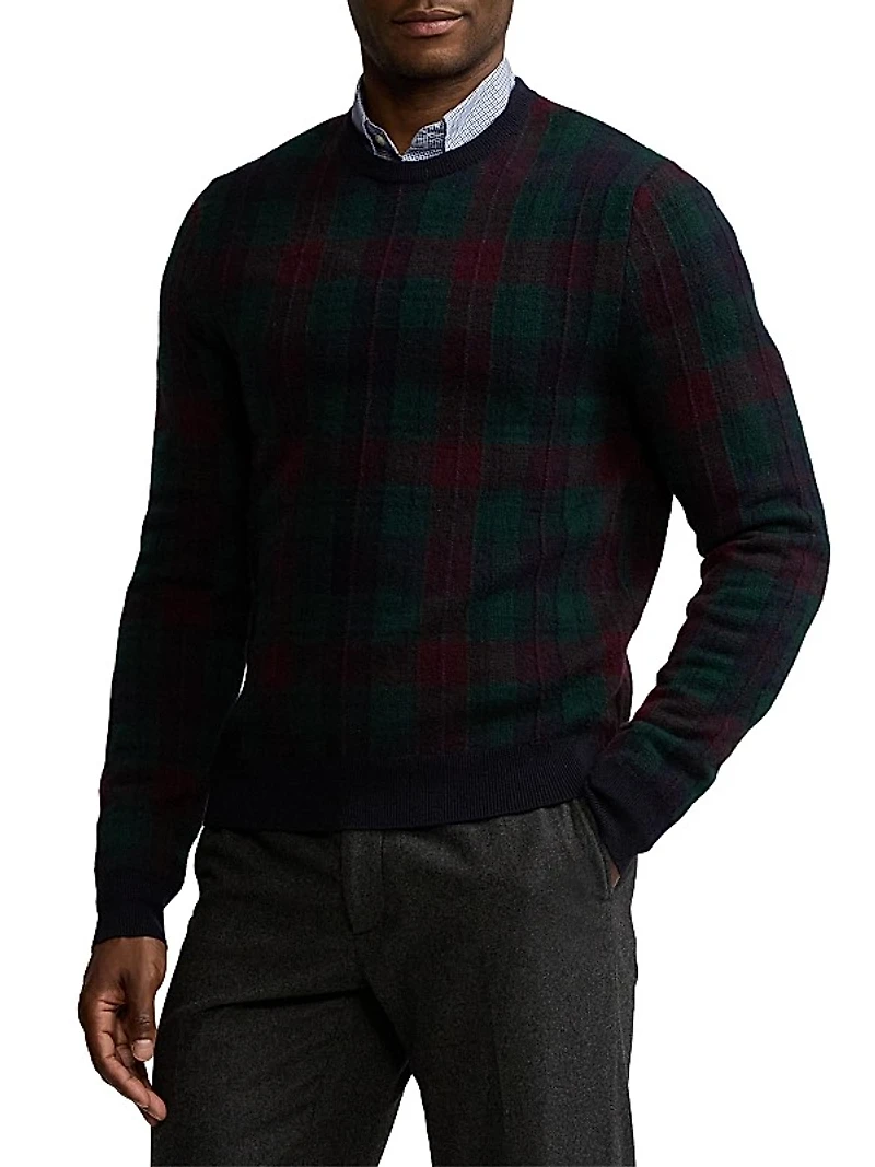 Plaid Jacquard-Knit Cashmere Crewneck Sweater